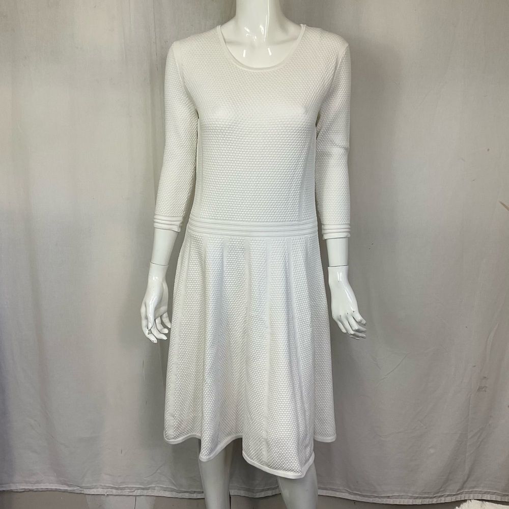 Hugo Boss Off White 3/4 Sleeve Waffle Textured Knit Knee Length Dress M - Picture 4 of 14